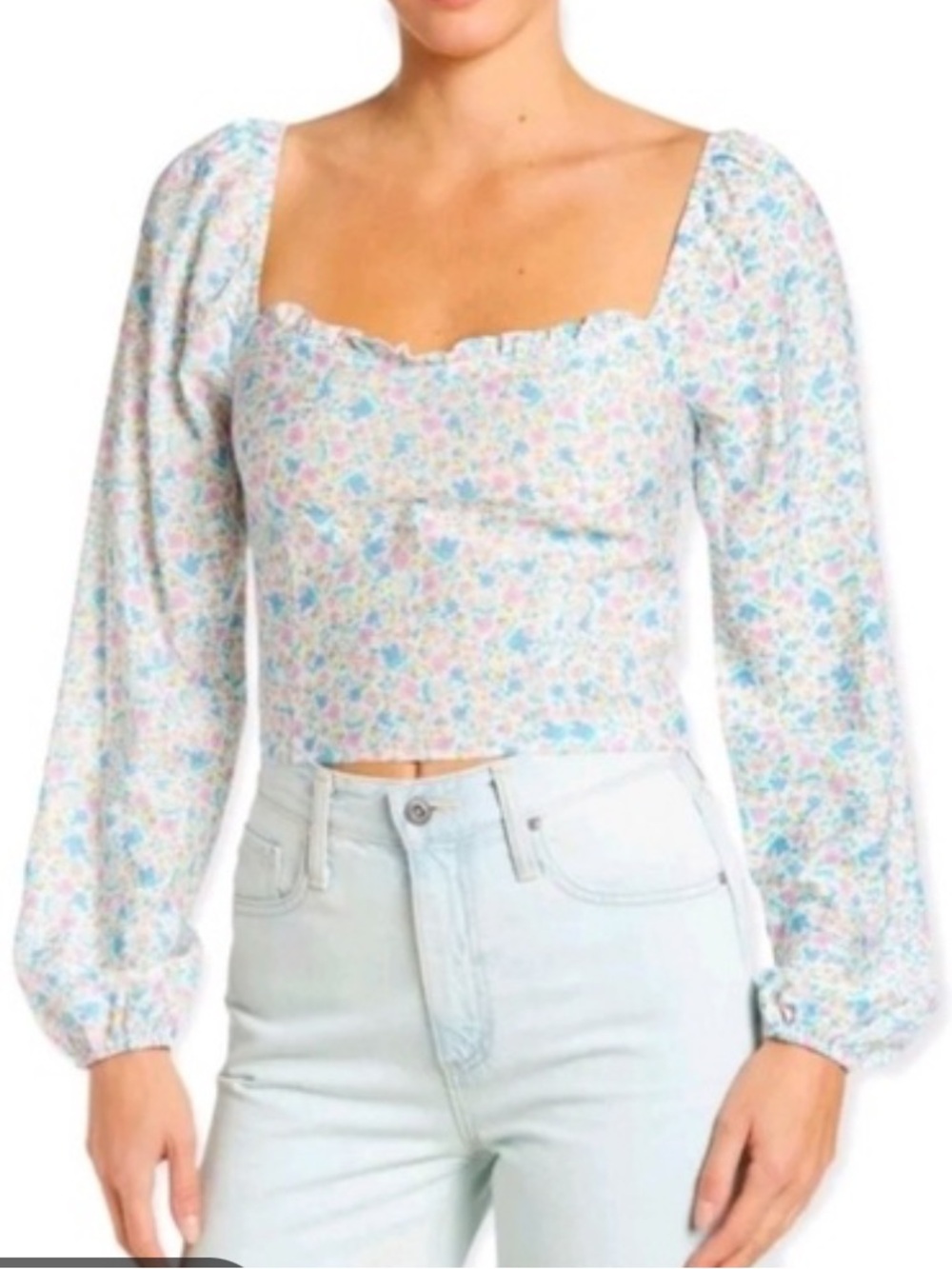 SHEIN White Floral Square-Neck Puff Sleeve Crop Top